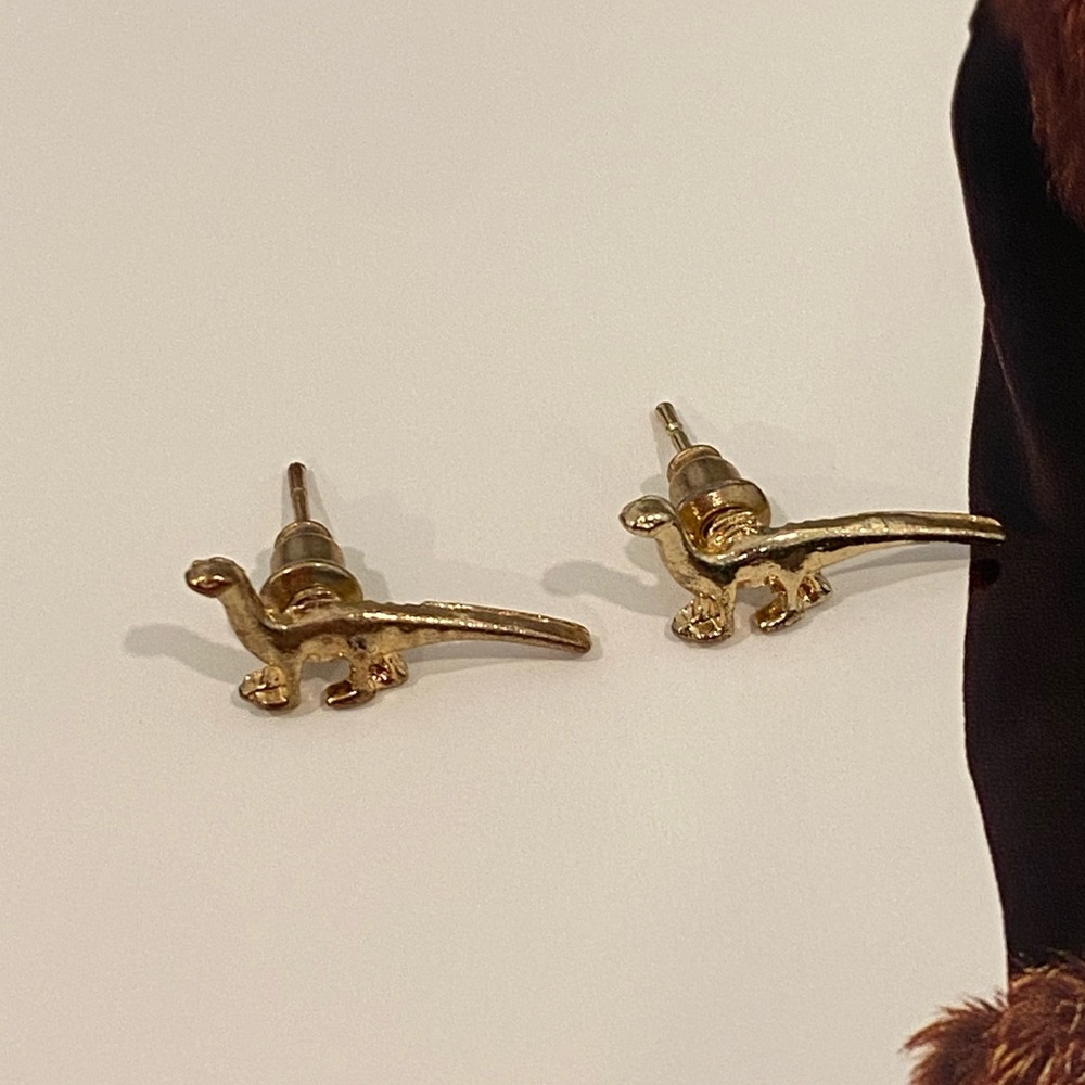Gold Dinosaur Stud Earrings - Picture 3 of 4